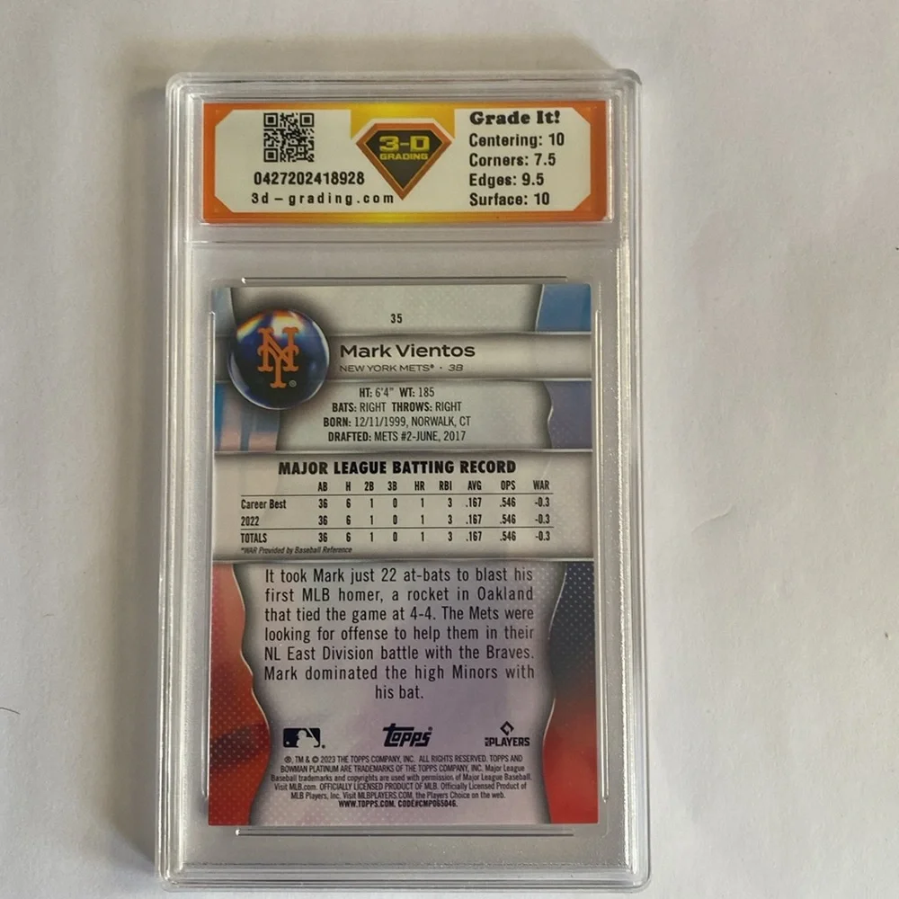2023 Bowman Platinum Mark Vientos RC 3-D Graded 9 Mint (MISC11)